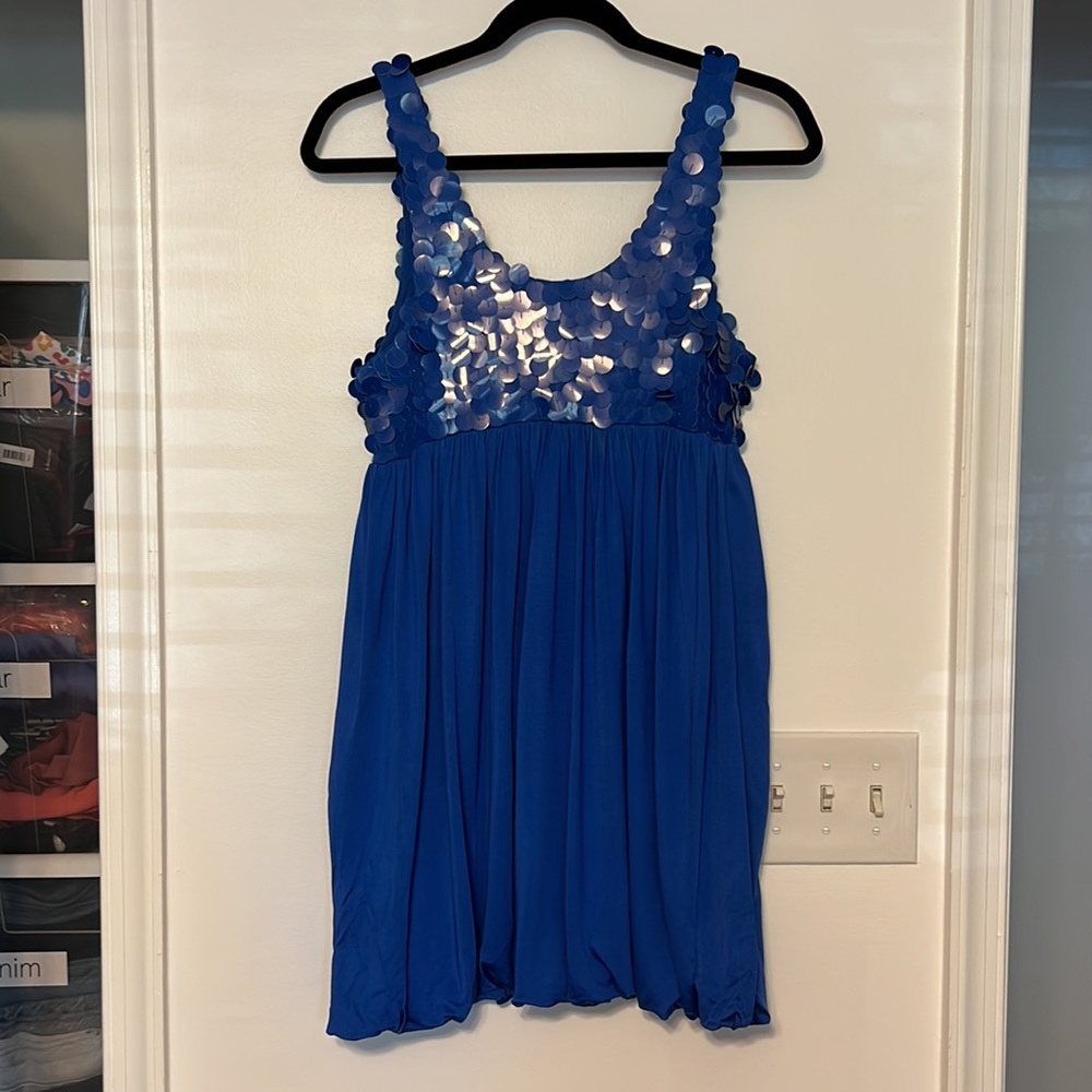 Alice + Olivia Y2K Bright Blue Paillette Silk Bubble Dress - Picture 8 of 14